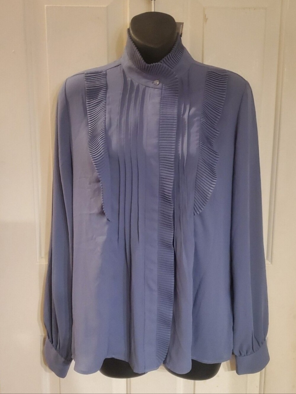 Express Periwinkle Pleated High-Neck Long Sleeve Blouse